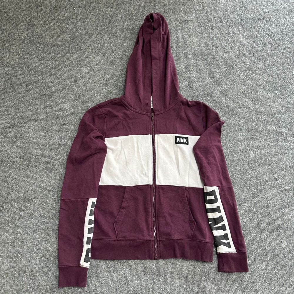 PINK Hoodie Womens Size S Maroon White Colorblock Zip Up Logo Graphic Sweatshirt